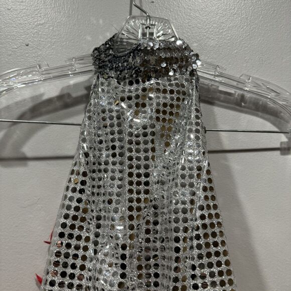 Silver Sequin Showgirl Leotard Dance Costume Removable Red Feathers Adult Small - Picture 6 of 6